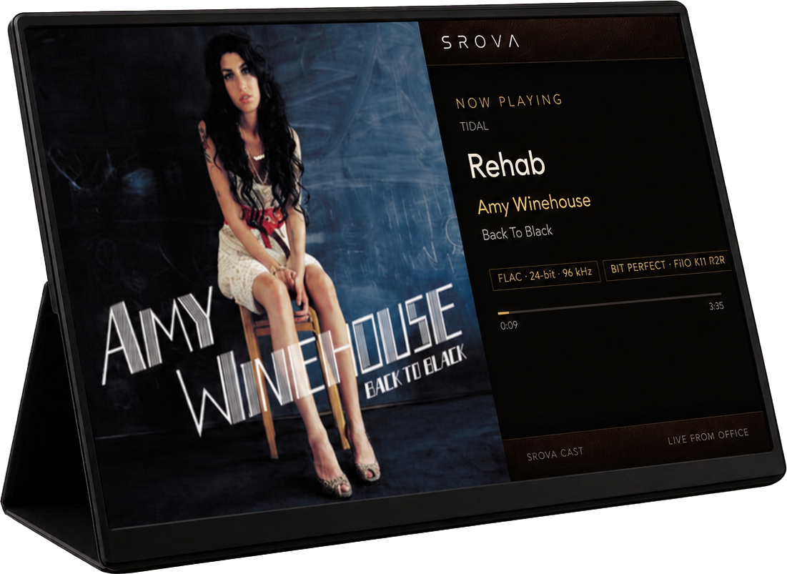 A display showing the SROVA Cast Now Playing screen