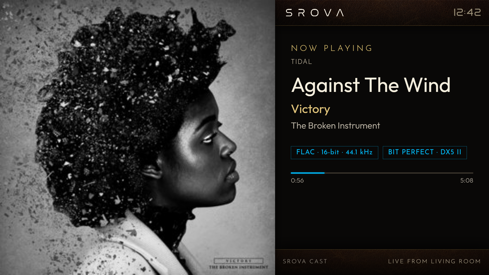 SROVA Cast Now Playing display showing album art, track details, audio format and playback progress