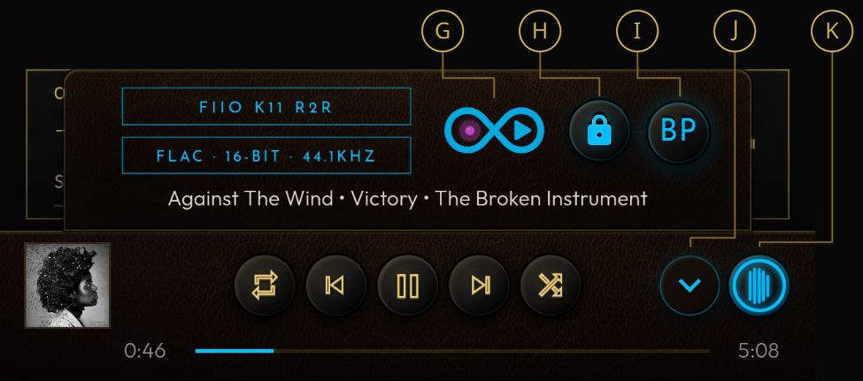 SROVA Remote for Android player and status controls labelled G through K