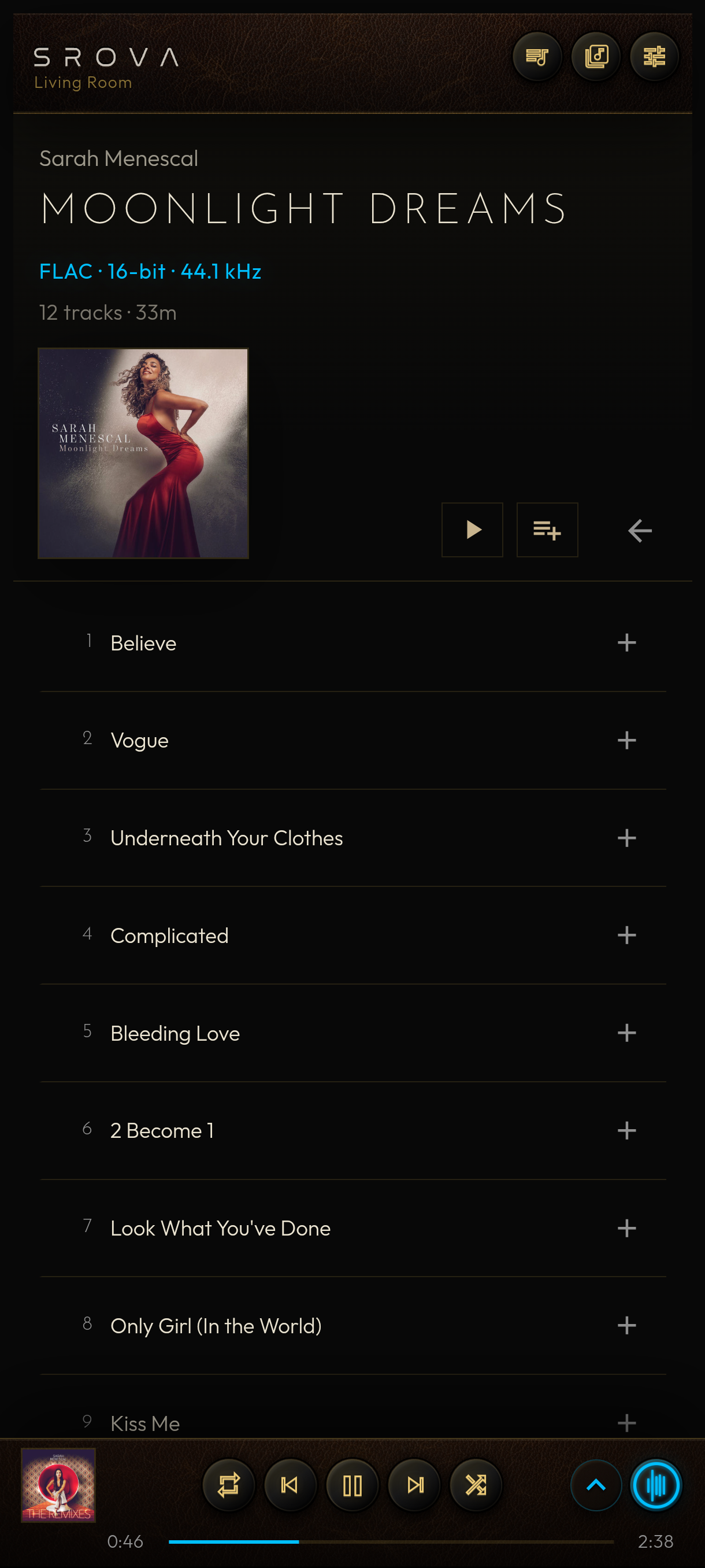 SROVA phone view showing a My Music album while playing