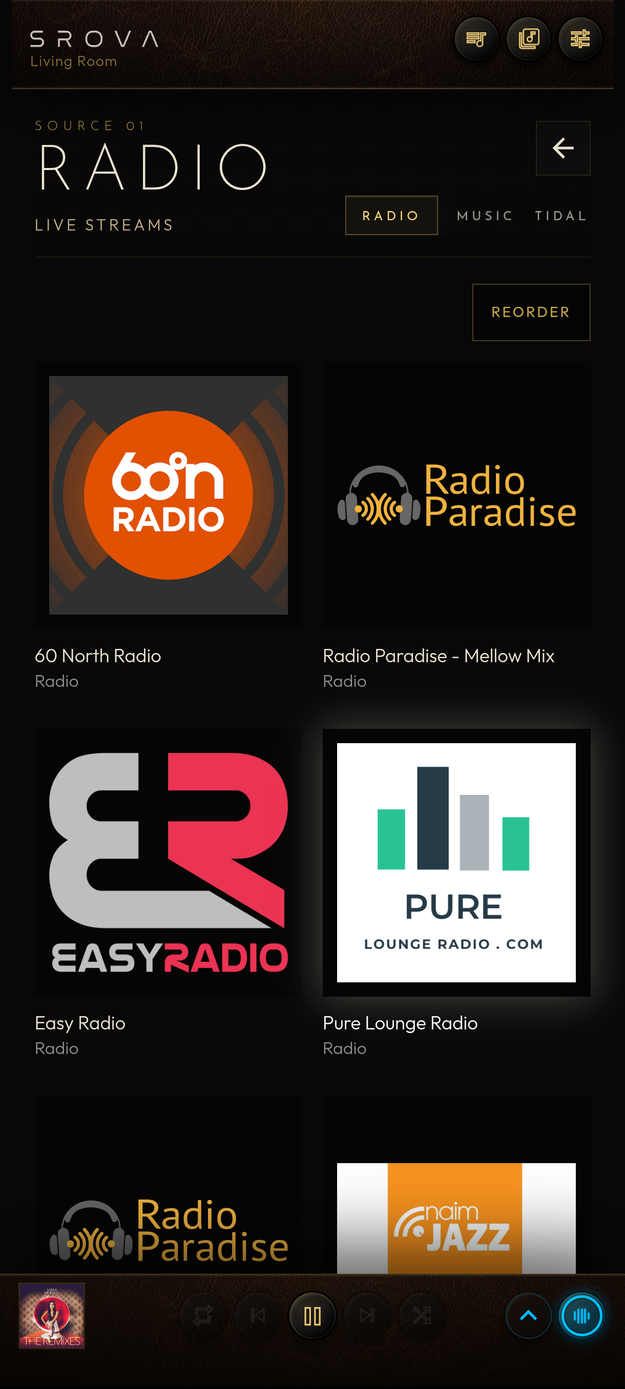SROVA phone view showing the Internet Radio station wall